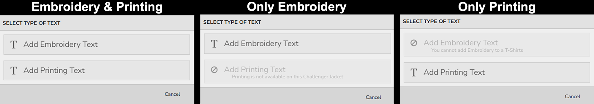 Options for embroidery text and printing text, with examples of availability