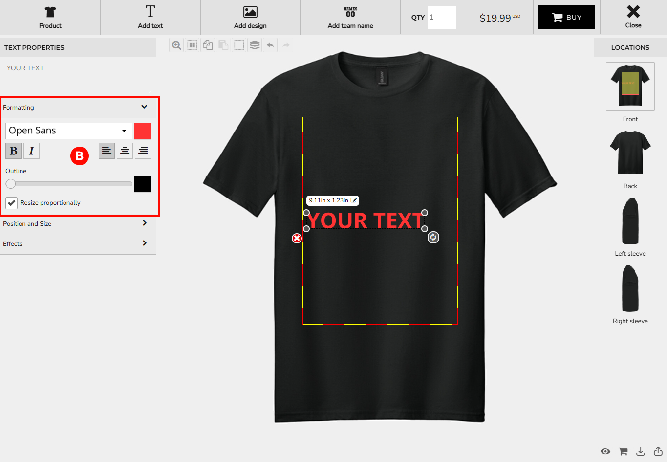 Formatting options for text including font, color, outline