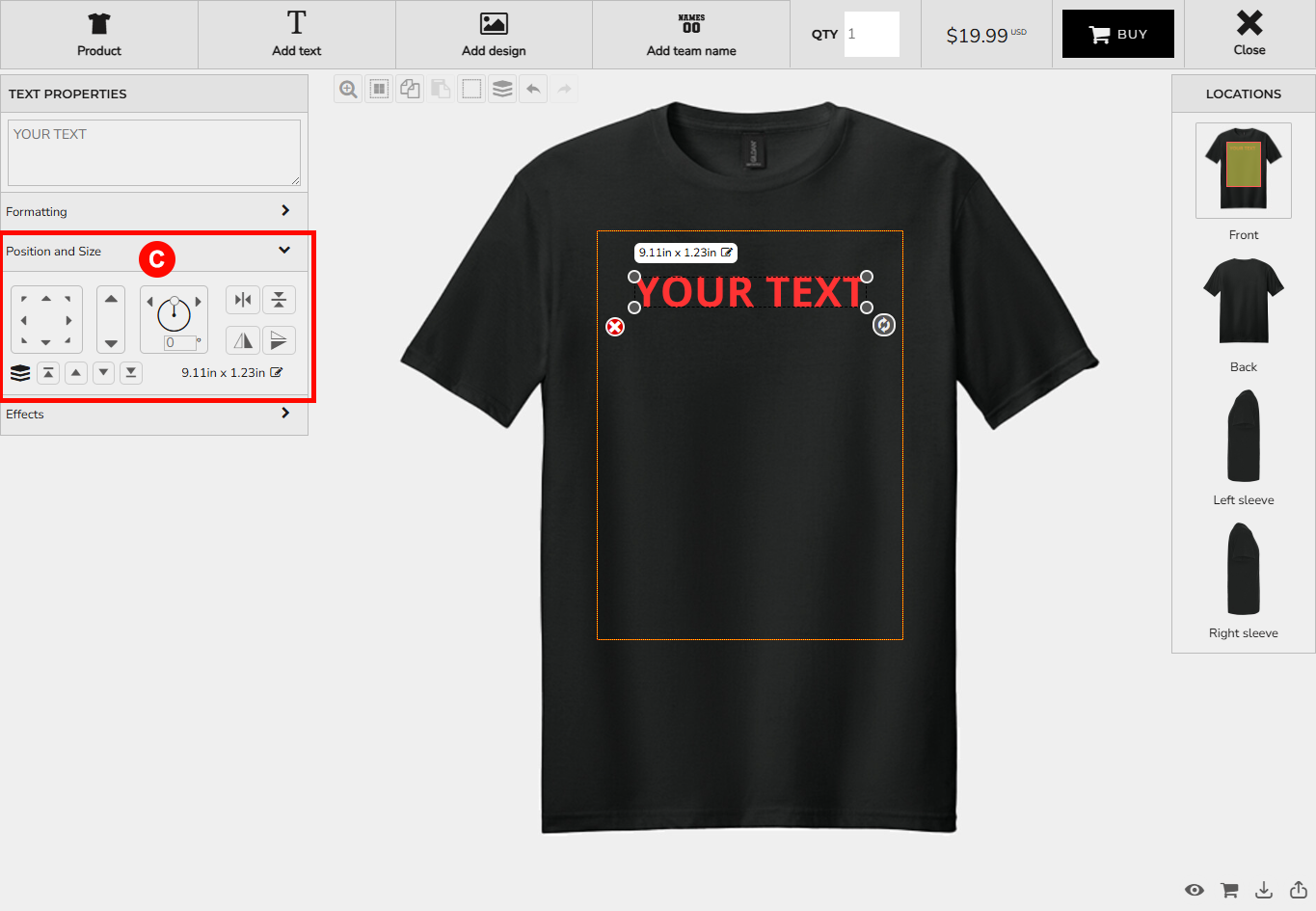 Position and size options for text